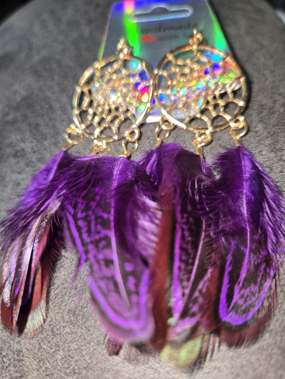Purple Feather Dreamcatcher Earrings – Handmade Boho Chic Gift for Her 254 - Picture 5 of 7